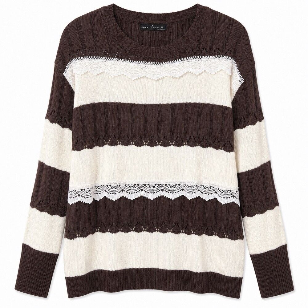 Emery Rose Women’s Lace Accent Sweater Brown/White Size Medium NWOT